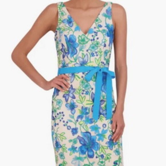 Eliza J. Floral Taupe Cobalt Blue Embroidered Cocktail Sheath Dress - Picture 1 of 4